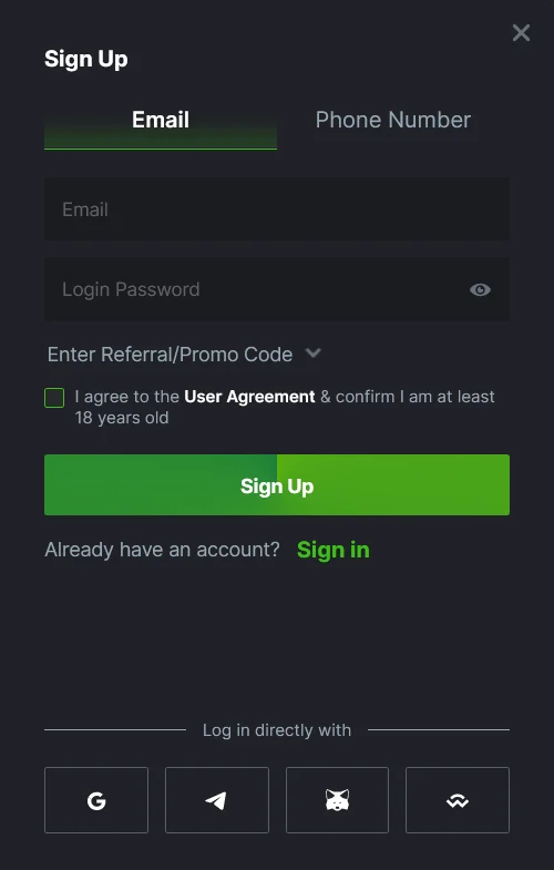 Registration form of BC.Game website